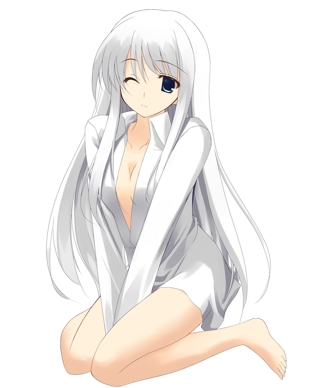 1girl, bad_id, bad_pixiv_id, barefoot, blue_eyes, dress_shirt, female_focus, kneeling, one_eye_closed, original, shirt, solo, white_hair, wink, yuu_yamiyo
