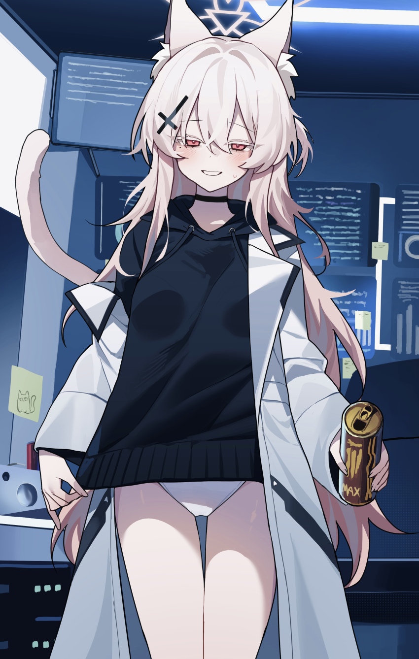 1girl, absurdres, akira_(blue_archive), alternate_costume, animal_ear_fluff, animal_ears, black_hoodie, blue_archive, blush, can, cat_ears, cat_tail, coat, colored_eyelashes, commentary, cosplay, cross_hair_ornament, danbal, energy_drink, hair_between_eyes, hair_ornament, halo, hare_(blue_archive), hare_(blue_archive)_(cosplay), highres, holding, holding_can, hood, hood_down, hoodie, indoors, long_hair, long_sleeves, looking_at_viewer, monster_energy, no_pants, open_clothes, open_coat, panties, pink_halo, red_eyes, single_off_shoulder, solo, tail, thigh_gap, underwear, white_coat, white_eyelashes, white_panties