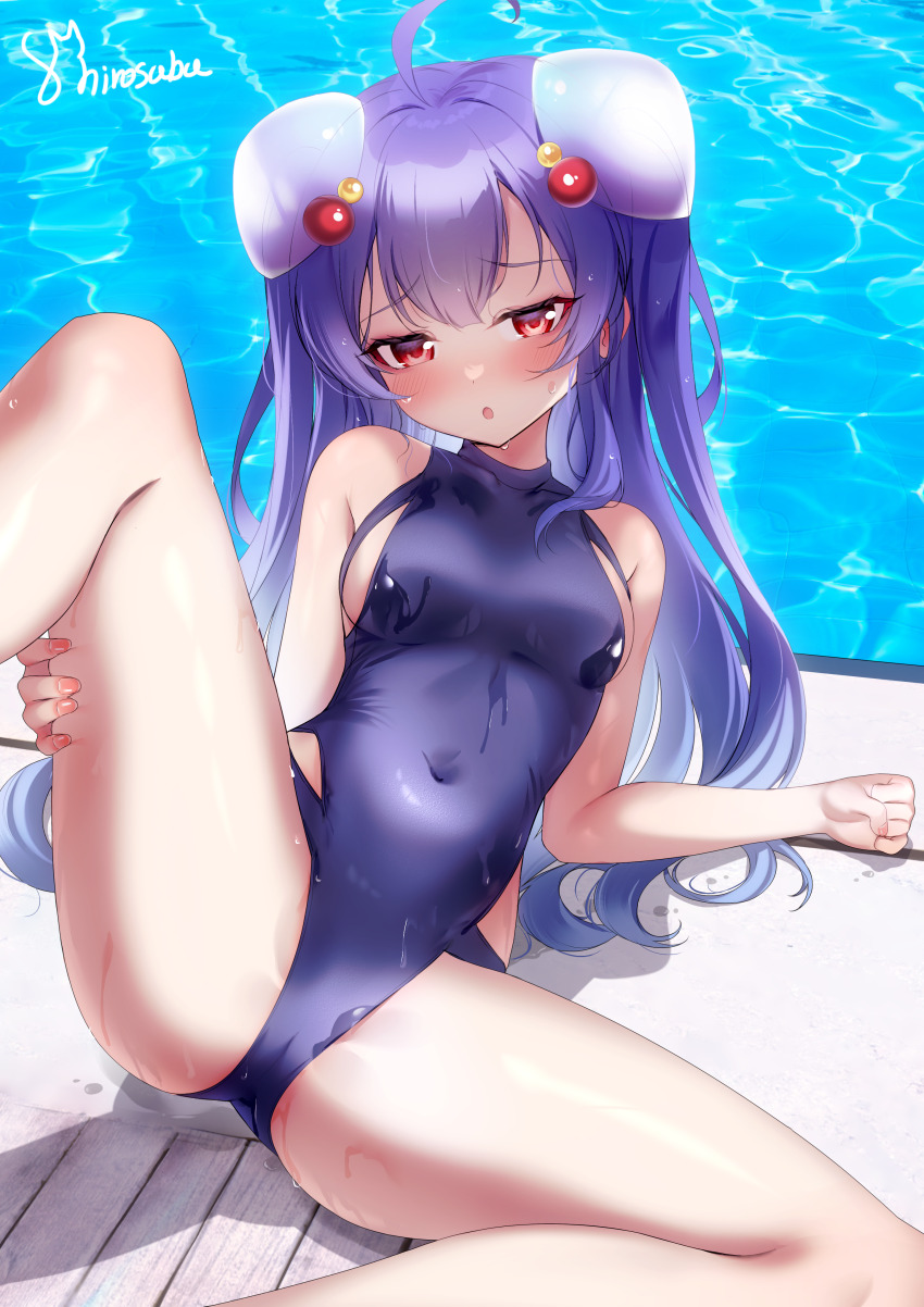 1girl, :o, absurdres, ahoge, bare_shoulders, blue_one-piece_swimsuit, blush, breasts
