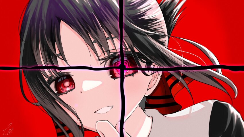 1girl, black_hair, grin, hair_ribbon, hand_on_own_chin, hand_up, heart, heart-shaped_pupils