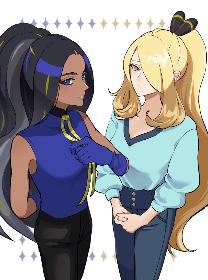 2girls, black_hair, blonde_hair, blue_eyes, blue_gloves, breasts, closed_mouth, cynthia_(pokemon)