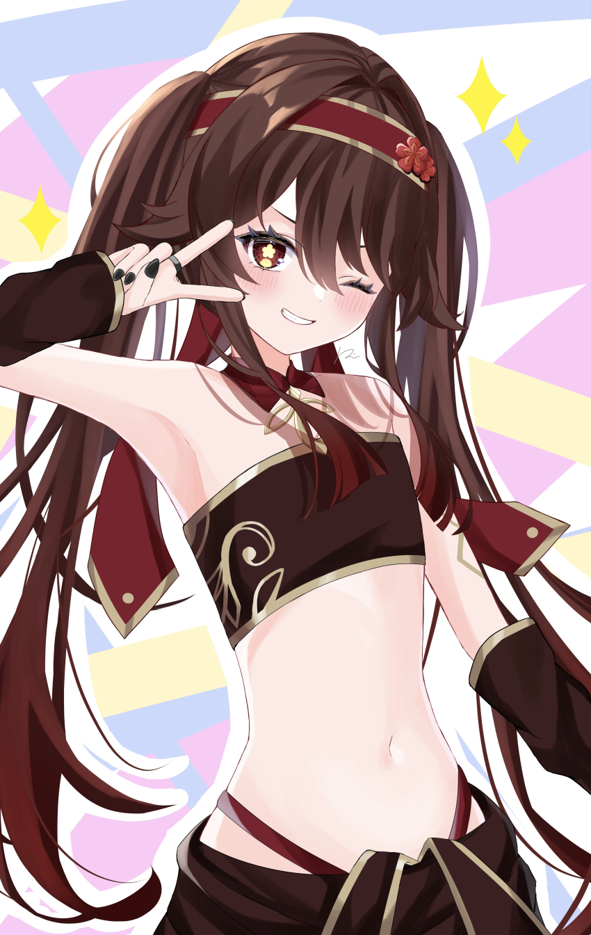 1girl, absurdres, arm_warmers, armpits, bandeau, blush, brown_eyes, brown_hair, detached_collar, flat_chest, genshin_impact, grin, hairband, highres, hu_tao_(genshin_impact), long_hair, looking_at_viewer, midriff, navel, one_eye_closed, red_hairband, rinmel9, smile, solo, stomach, strapless, tube_top, twintails, v, very_long_hair