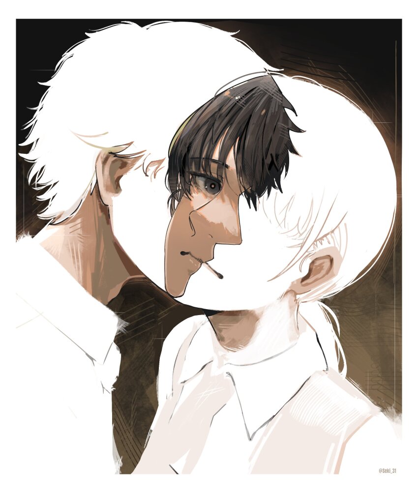 1boy, 1girl, absurdres, black_hair, chainsaw_man, closed_mouth, denji_(chainsaw_man), figure-ground_illusion