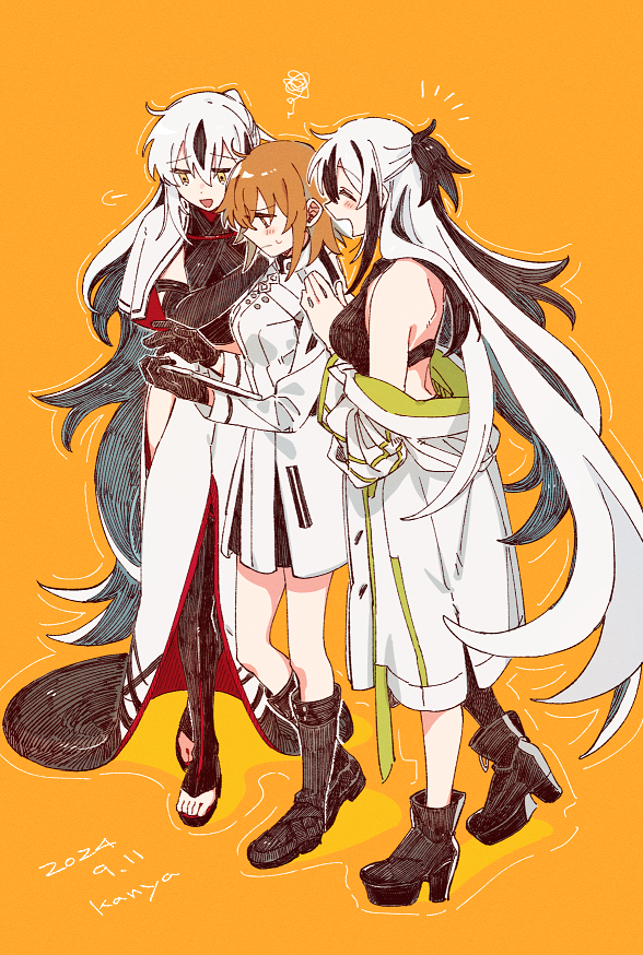 3girls, artist_name, black_gloves, black_hair, boots, breasts, dated, dress