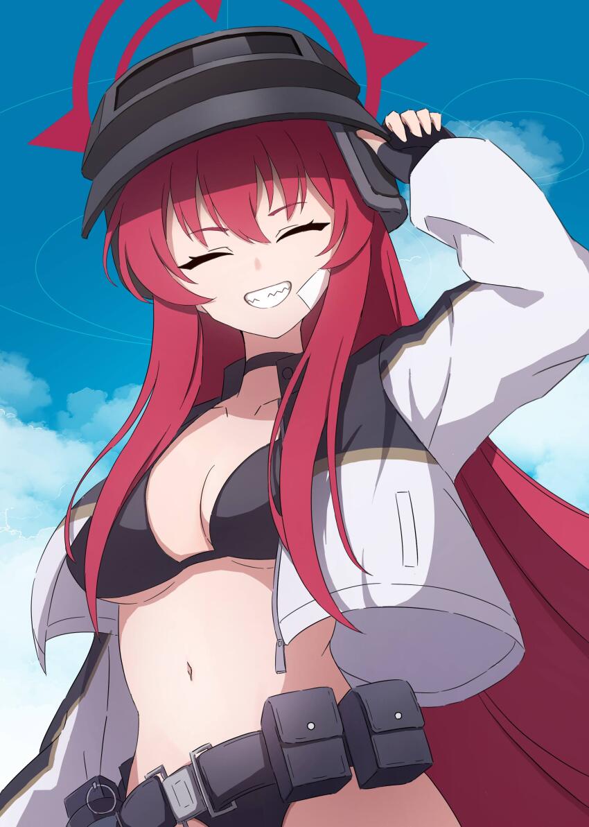 absurdres, altyn_helmet, bandaid, bandaid_on_face, belt_pouch, bikini, black_bikini, black_choker