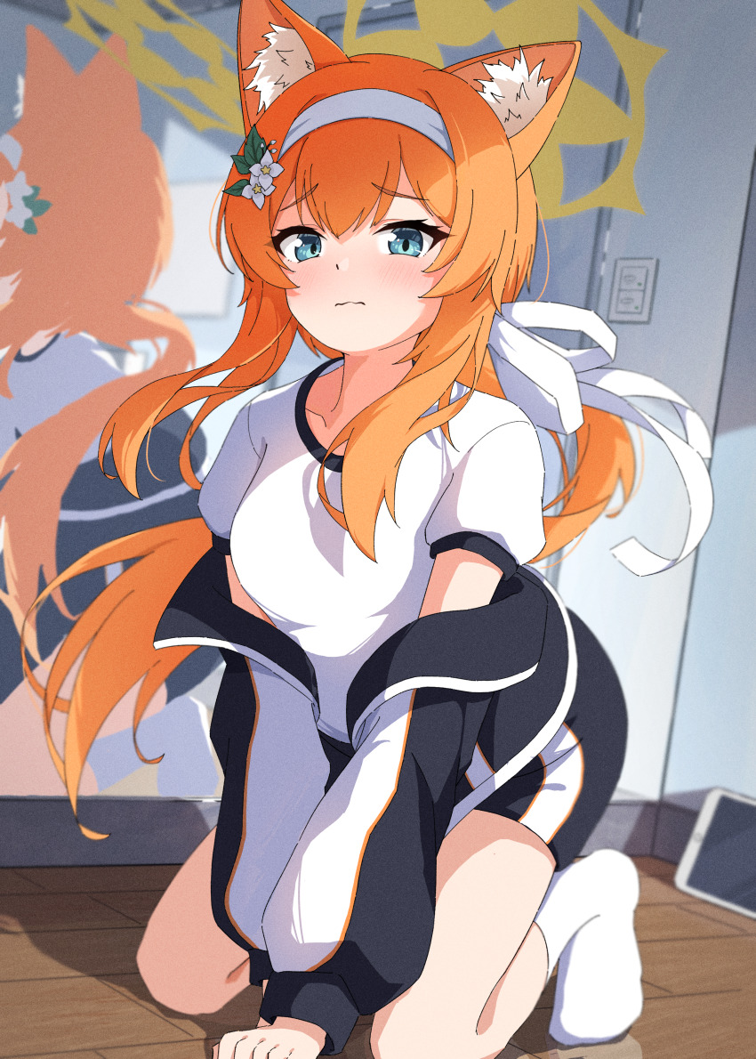 1girl, absurdres, animal_ear_fluff, animal_ears, blue_archive, blue_eyes, bottle, flower