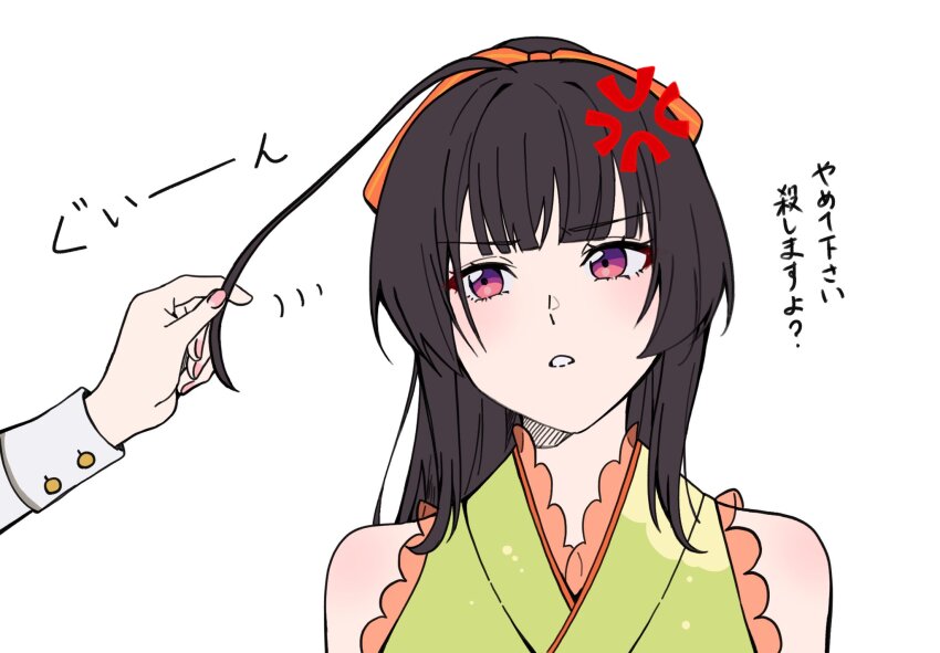 2girls, ahoge, ahoge_grab, anger_vein, annoyed, arms_at_sides, assault_lily, bare_shoulders