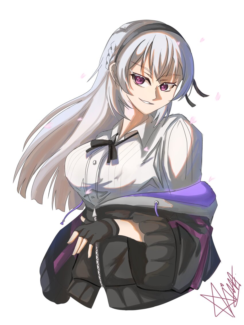 1girl, absurdres, amatsu_marei, artist_name, assault_lily, black_gloves, black_hairband, black_jacket