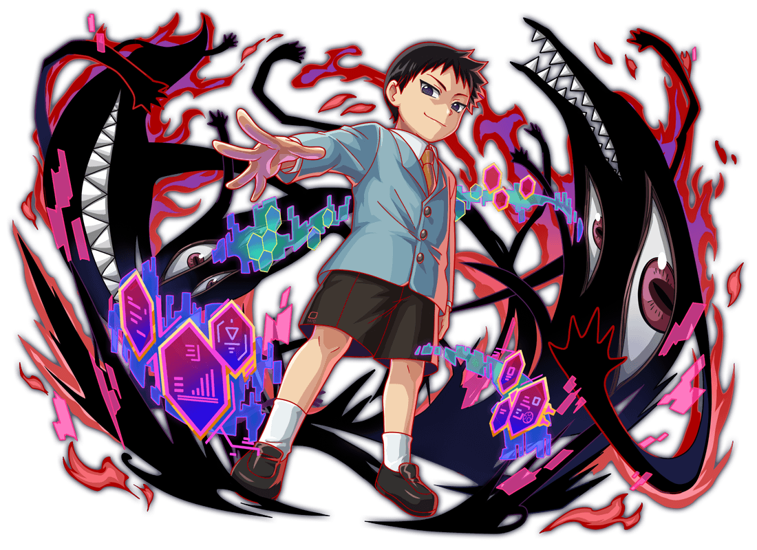 1boy, anime_coloring, ankle_socks, aqua_jacket, aqua_sleeves, arm_at_side, artist_request, black_eyes, black_hair, black_shoes, black_shorts, buttons, child, closed_mouth, collar, collared_shirt, crash_fever, fire, formal_shorts, from_below, full_body, fullmetal_alchemist, game_cg, hand_on_own_face, hexagon, honeycomb_(pattern), jacket, loafers, looking_at_viewer, male_focus, necktie, number_print, numbered, official_art, official_style, open_hand, orange_necktie, outline, outstretched_arm, pride_(fma), print_shorts, red_eyes, red_outline, selim_bradley, sharp_teeth, shirt, shoes, short_hair, shorts, smile, socks, solo, spoilers, square, square_print, teeth, third-party_source, transparent_background, undershirt, white_collar, white_shirt, white_sleeves, white_socks, wing_collar