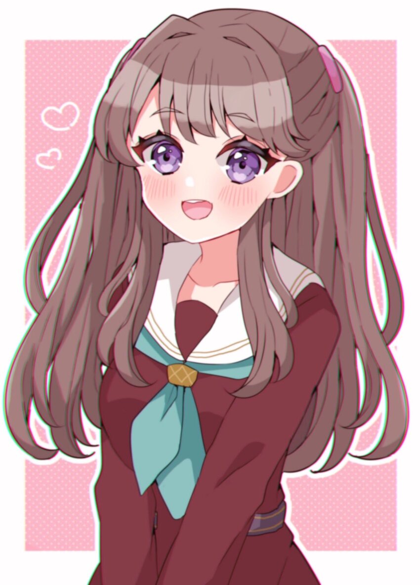 1girl, :d, ametan_(meteo_impact), aqua_neckerchief, blush, border, breasts, brown_dress