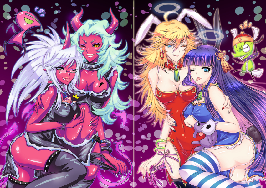 10s, 4girls, animal_ears, breast_padding, breasts, china_dress, chinese_clothes, chuck_(psg), cleavage, colored_skin, covered_erect_nipples, dress, fastener_(psg), glasses, horns, kneesocks_(psg), large_breasts, licking_lips, medium_breasts, multiple_girls, nail_polish, one_eye_closed, panties, panty_&amp;_stocking_with_garterbelt, panty_(psg), panty_pull, rabbit_ears, red_skin, riyun_(halodark), scanty_(psg), siblings, single_horn, sisters, stocking_(psg), striped_clothes, striped_thighhighs, tail, thighhighs, tongue, tongue_out, underwear, wink