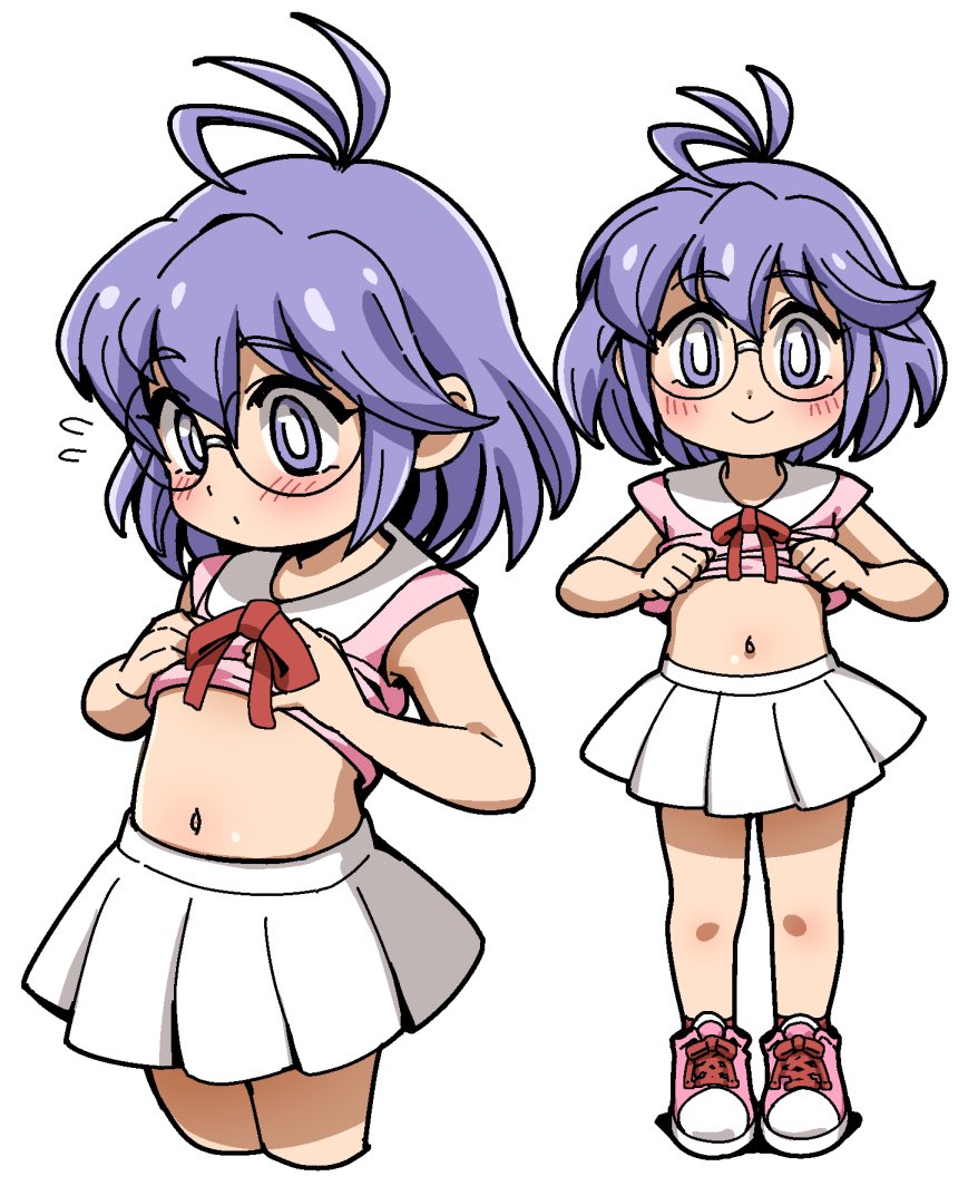 1girl, antenna_hair, blush, bright_pupils, character_request, closed_mouth, clothes_lift, commentary_request, copyright_request, cropped_legs, flat_chest, flying_sweatdrops, full_body, glasses, hair_between_eyes, honoo_no_toukyuujo:_dodge_danko, ichigeki_danko, kobotoke_chinko, lifting_own_clothes, loli, looking_at_viewer, multiple_views, navel, neck_ribbon, pink_shirt, pink_shoes, pleated_skirt, purple_eyes, purple_hair, red_ribbon, red_socks, ribbon, round_eyewear, shirt, shirt_lift, shoes, short_hair, short_sleeves, simple_background, skirt, smile, sneakers, socks, stomach, white_background, white_pupils, white_skirt, yuuya_(blue_scarab)