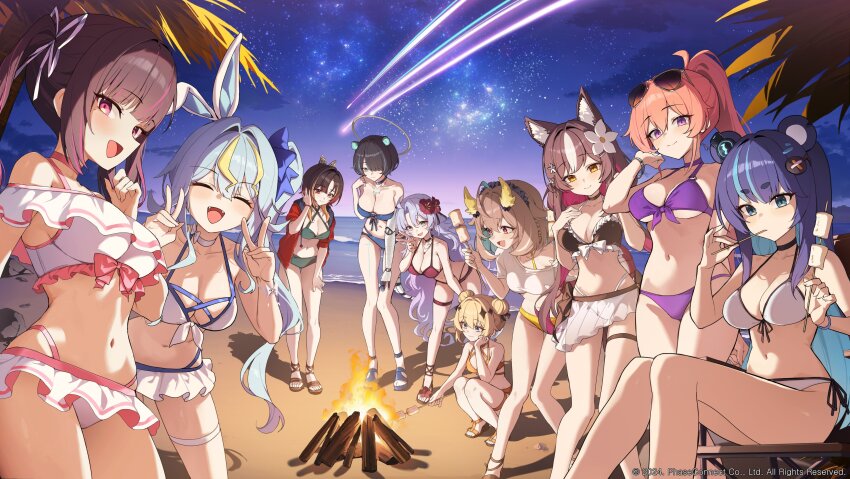 6+girls, absurdres, animal_ear_request, animal_ears, bare_shoulders, beach, bikini, bikini_ribbon