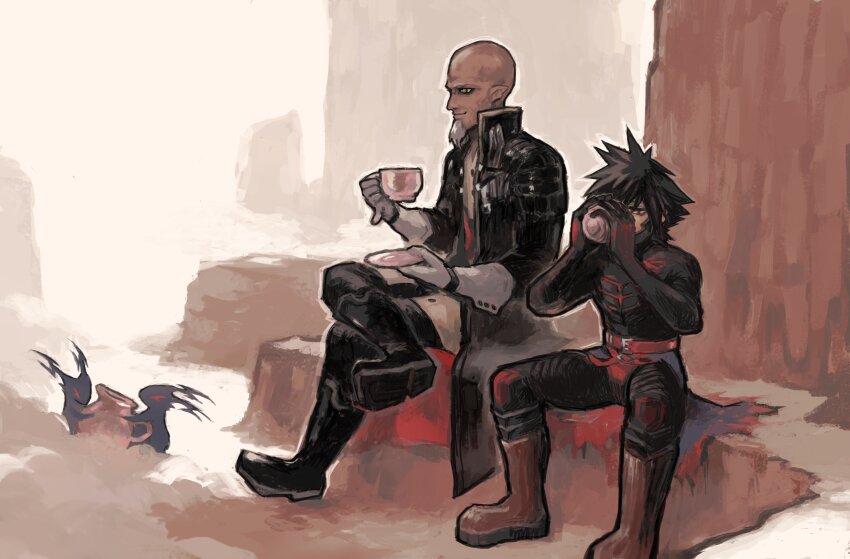 2boys, arms_up, bald, belt, black_bodysuit, black_coat, black_footwear, black_hair