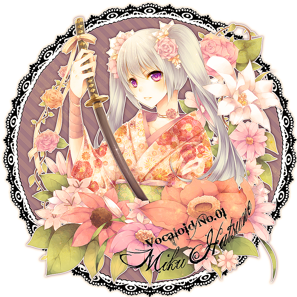 1girl, blue_hair, female_focus, flower, hair_flower, hair_ornament, hatsune_miku, japanese_clothes