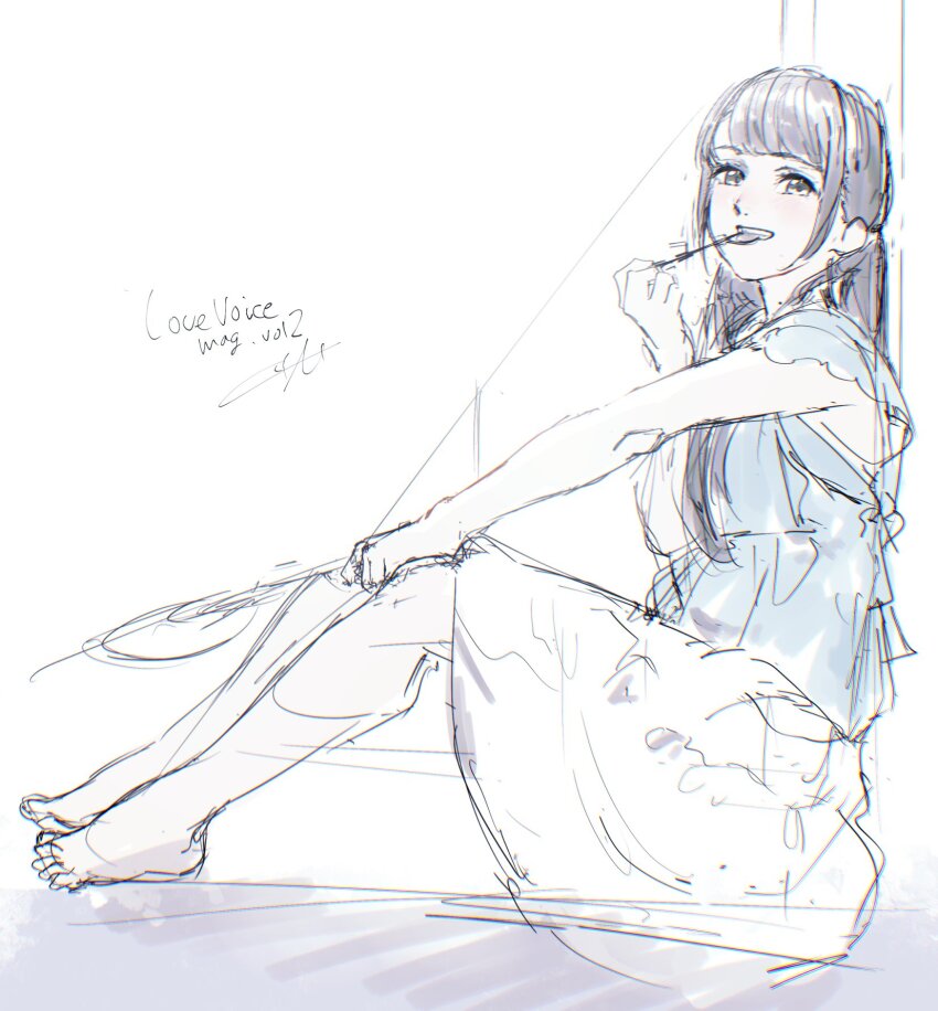 1girl, armpit_crease, barefoot, black_hair, blue_shirt, commentary_request, full_body, grin