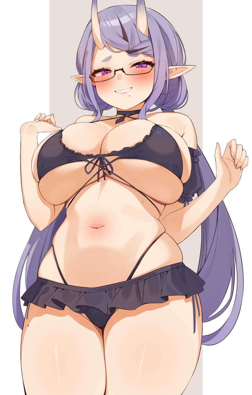 1girl, absurdres, bikini, blush, breasts, choco_tanuki, curvy, demon_girl, demon_horns, glasses, grin, highleg, highleg_bikini, highres, horns, huge_breasts, long_hair, looking_at_viewer, mole, mole_on_thigh, mole_under_mouth, navel, nijisanji, pointy_ears, purple_eyes, purple_hair, rindou_mikoto, rindou_mikoto_(6th_costume), rindou_mikoto_(7th_costume), simple_background, smile, solo, swimsuit, underboob, virtual_youtuber