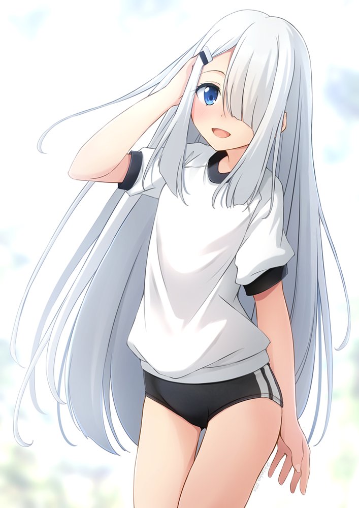 1girl, black_buruma, blue_eyes, buruma, commission, cowboy_shot, gym_shirt, gym_uniform