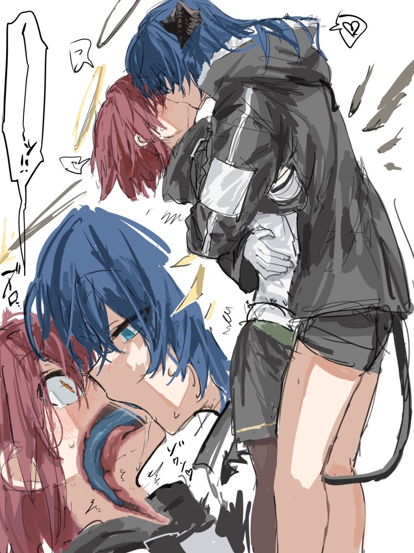 2girls, arknights, blue_tongue, colored_tongue, commentary_request, exusiai_(arknights), french_kiss, halo, heart, highres, kiss, long_tongue, mostima_(arknights), multiple_girls, mutomorokoshi, saliva, sketch, speech_bubble, tail, tongue, wings, yuri