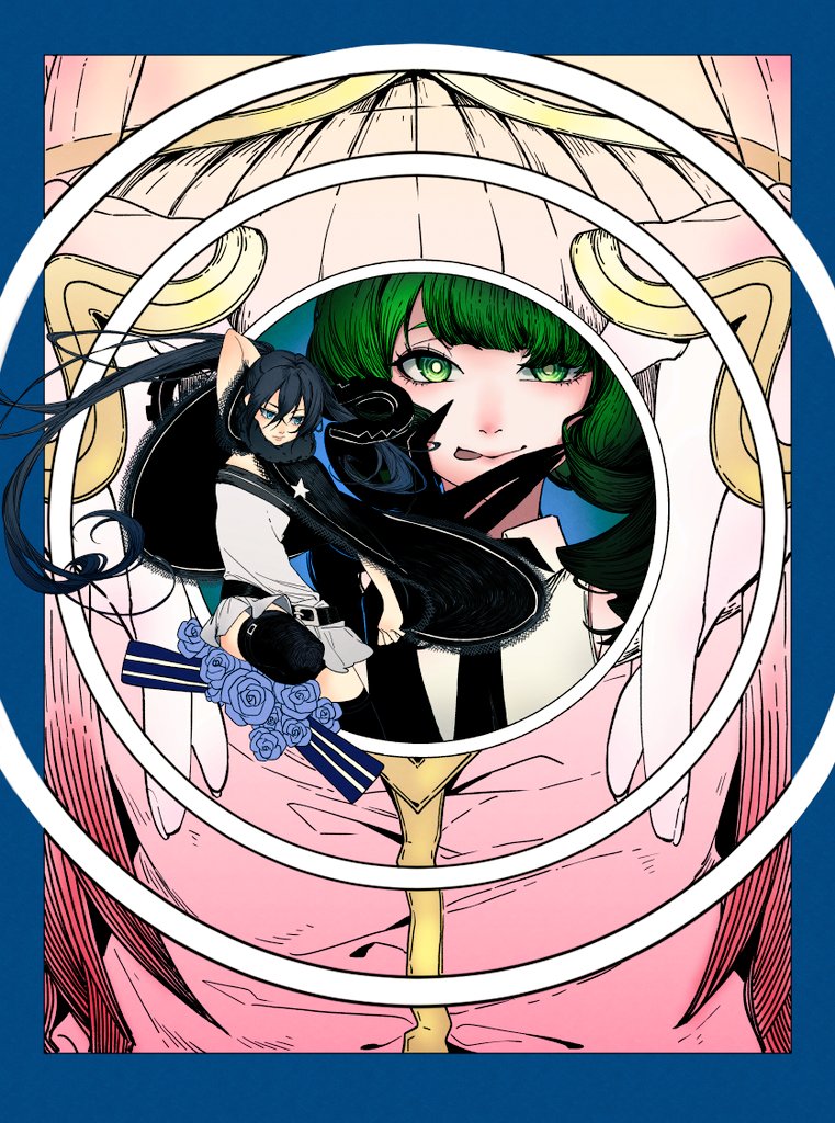 1other, 2girls, belt, black_belt, black_coat, black_hair, black_necktie, black_rock_shooter, black_rock_shooter:_innocent_soul, black_rock_shooter_(character), blue_eyes, closed_mouth, coat, dead_(black_rock_shooter), dead_master, dress, green_eyes, green_hair, long_hair, multiple_girls, necktie, ron_(black_rock_shooter), shirt, short_dress, tongue, tongue_out, twintails, uneven_twintails, white_dress, white_shirt, you92