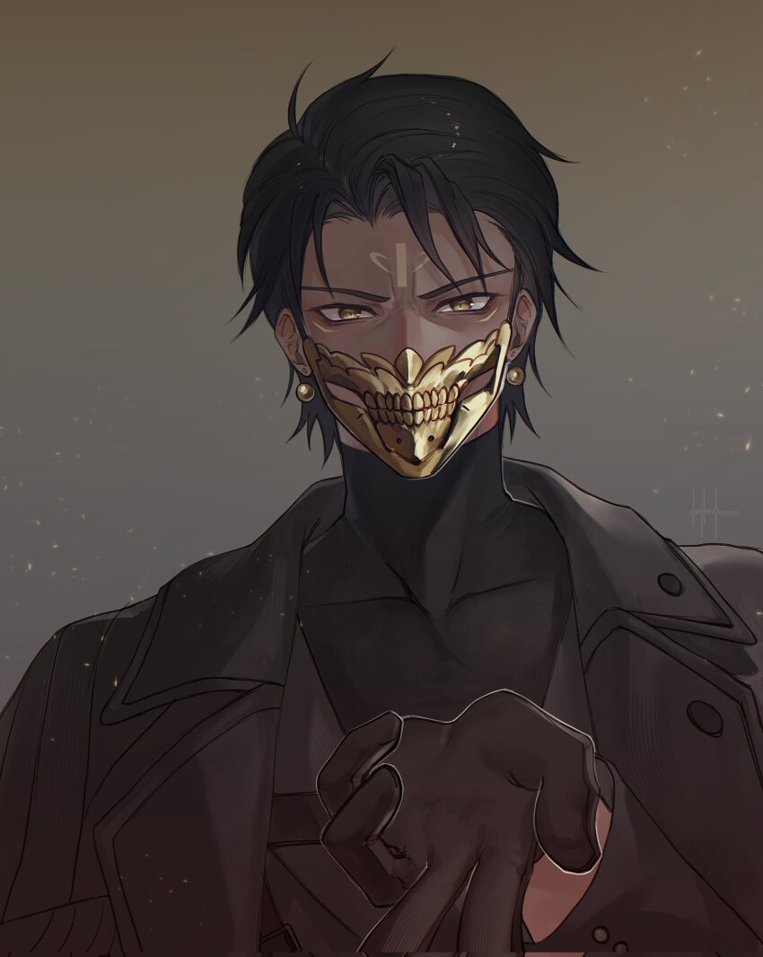 1boy, black_bodysuit, black_gloves, black_hair, black_jacket, black_suit, bodysuit, dark-skinned_male