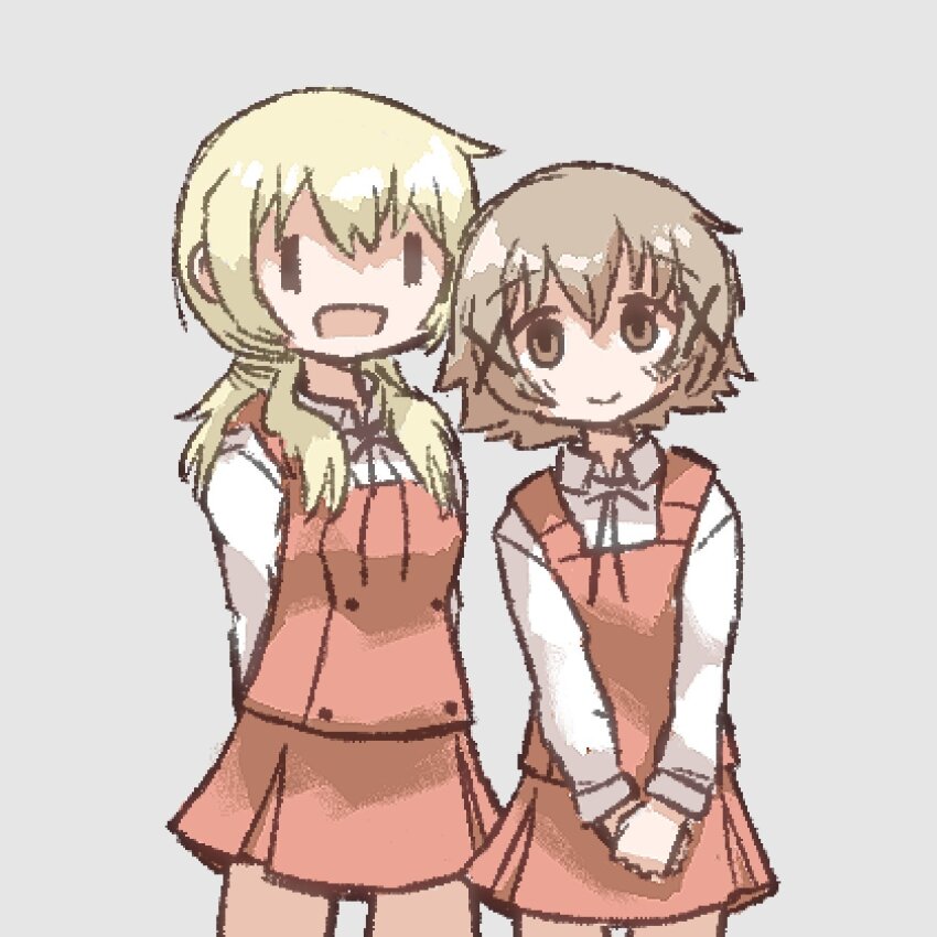 2girls, blonde_hair, brown_eyes, brown_hair, buttons, collared_shirt, hair_between_eyes, hair_ornament