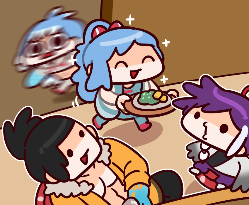 2boys, 2girls, banzoin_hakka, banzoin_hakka_(1st_costume), black_hair, blue_skin, closed_eyes, colored_skin, crop_top, food, fur-trimmed_jacket, fur_trim, highres, holding, holding_plate, hololive, hololive_indonesia, holostars, holostars_english, jacket, josuiji_shinri, keenbiscuit, kobo_kanaeru, long_hair, motion_blur, multicolored_hair, multicolored_skin, multiple_boys, multiple_girls, navel, open_clothes, open_jacket, open_mouth, plate, ponytail, purple_hair, red_footwear, sitting, smile, two-tone_hair, virtual_youtuber, white_hair