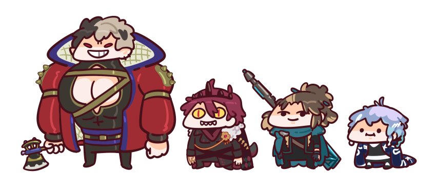 4boys, absurdres, ahoge, axe, black_hair, blonde_hair, blue_hair, braid