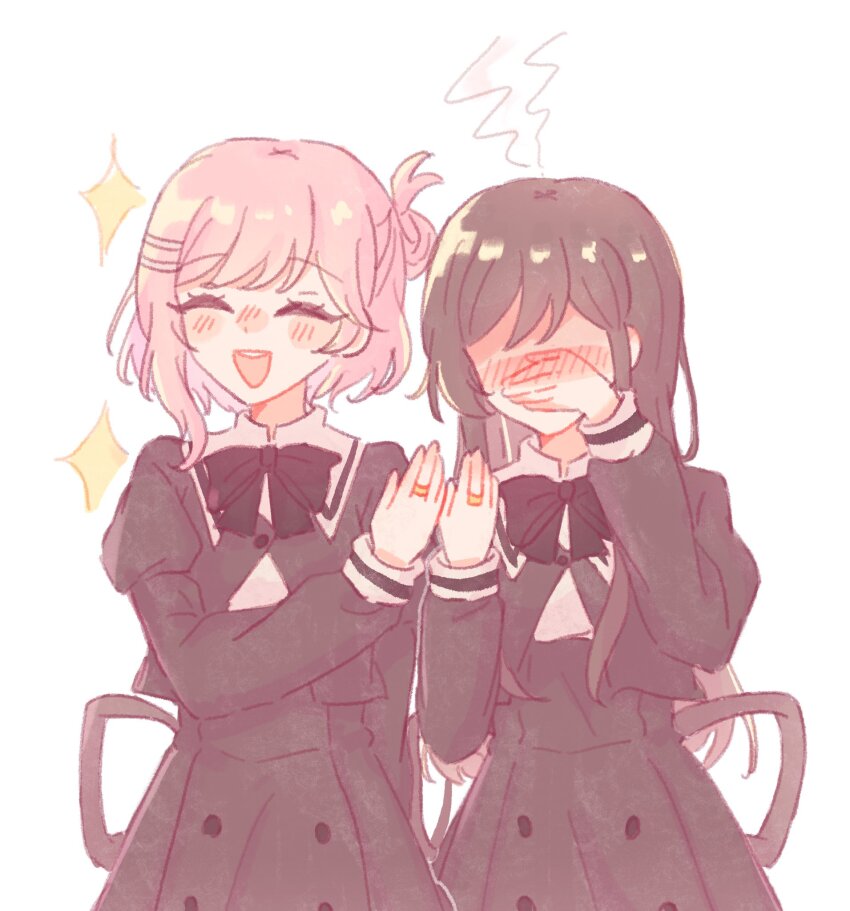 2girls, :d, ^_^, aoyagi_tsubaki, arm_at_side, assault_lily, black_bow, black_bowtie, black_hair, black_skirt, blush, bow, bowtie, closed_eyes, commentary_request, cosplay, covering_face, cowboy_shot, cropped_jacket, d4dj, embarrassed, facing_viewer, hair_bun, hair_ornament, hairclip, hand_on_own_face, hand_up, hands_up, head_steam, high-waist_skirt, highres, hitotsuyanagi_riri, hitotsuyanagi_riri_(cosplay), jewelry, juliet_sleeves, long_hair, long_sleeves, multiple_girls, navel, no_eyes, nose_blush, open_mouth, pikarin_0129, pink_hair, puffy_sleeves, ring, sakurada_miyu, school_uniform, shirai_yuyu, shirai_yuyu_(cosplay), shirt, short_hair, side-by-side, sidelocks, simple_background, single_side_bun, skirt, smile, sparkle, standing, teeth, upper_teeth_only, white_background, white_shirt, yuri, yurigaoka_girls_academy_school_uniform