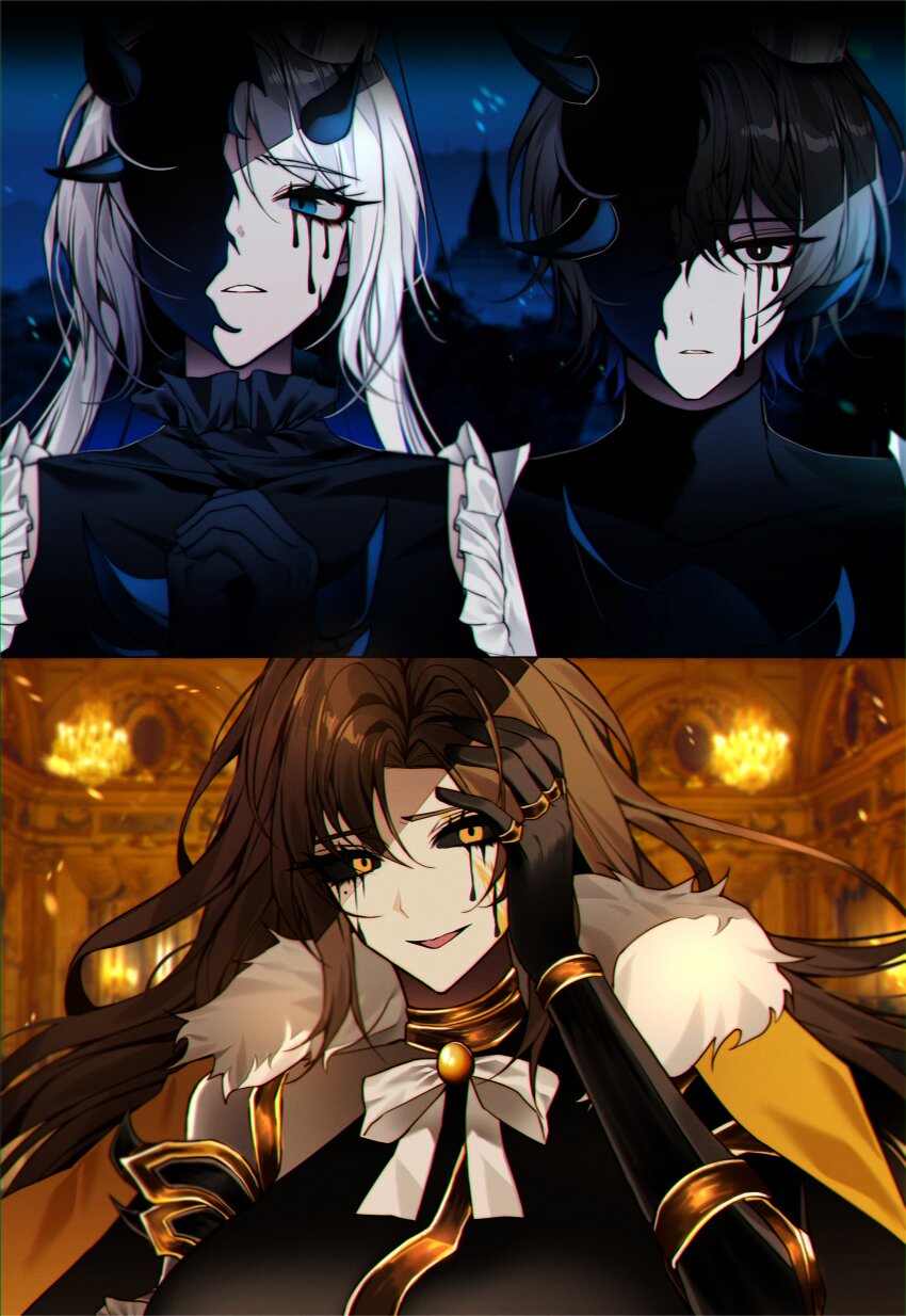 1boy, 2girls, absurdres, black_dress, black_eyes, black_gloves, black_hair, black_tears