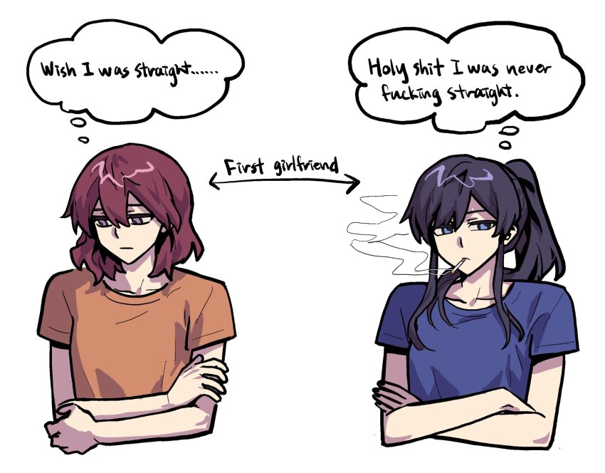 2girls, ari_(class_of_09), arrow_(symbol), black_hair, black_nails, blue_eyes, blue_shirt, bugs_bug_me