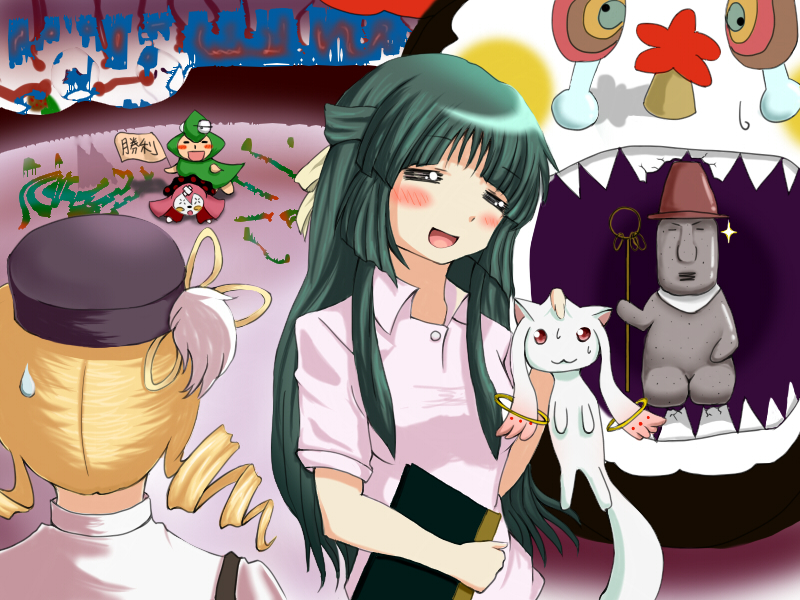 10s, 2girls, :3, =_=, bandaid, beret, blonde_hair, blush