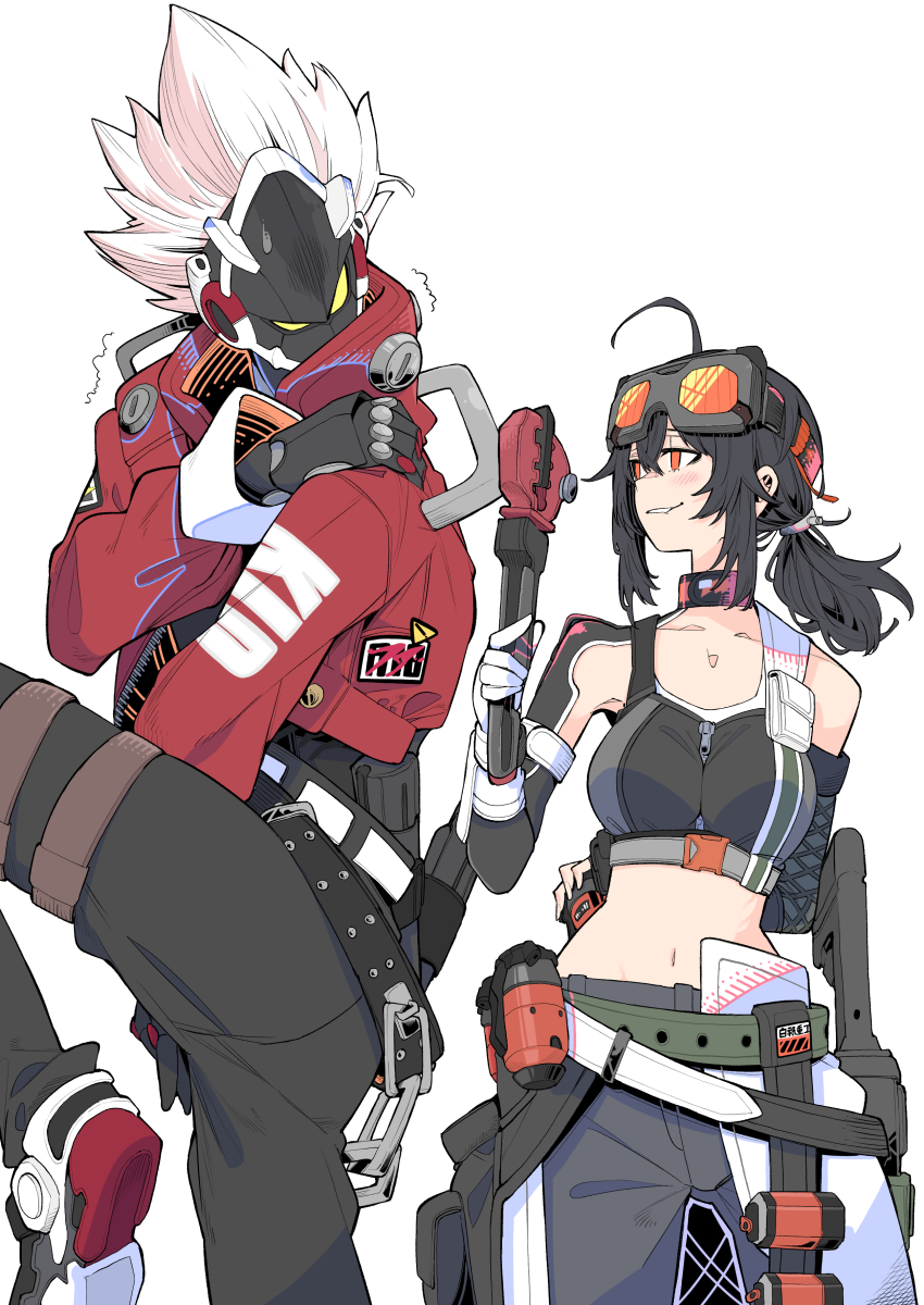 1boy, 1girl, absurdres, ahoge, arm_behind_back, asymmetrical_clothes, asymmetrical_gloves, asymmetrical_sleeves, belt, between_breasts, billy_kid, biting_own_lip, black_gloves, black_hair, black_pants, black_sports_bra, blush, breasts, choker, clothed_robot, clothes_between_breasts, detached_sleeves, explosive, fingerless_gloves, gloom_(expression), gloves, goggles, goggles_on_head, grace_howard, grenade, grey_hair, hair_between_eyes, hand_on_own_shoulder, hand_up, height_difference, highres, holding, holding_grenade, holding_weapon, holding_wrench, humanoid_robot, jacket, leg_up, long_hair, long_sleeves, looking_at_another, low_ponytail, midriff, mismatched_gloves, mismatched_sleeves, navel, open_clothes, open_jacket, orange-tinted_eyewear, orange_eyes, pants, partially_shaded_face, ponytail, red_jacket, robot, scared, shoes, side_ponytail, simple_background, single_bare_shoulder, single_fingerless_glove, smile, spiked_hair, sports_bra, standing, standing_on_one_leg, stomach, sweatdrop, tetsu_booya, tinted_eyewear, trembling, twisted_torso, weapon, white_background, white_hair, wrench, zenless_zone_zero, zipper, zipper_pull_tab, zipper_top