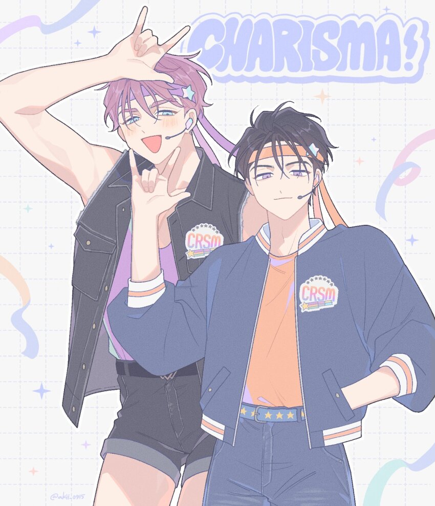 \n/, akii_0915, artist_name, black_hair, black_jacket, black_shorts, blue_eyes, blue_jacket