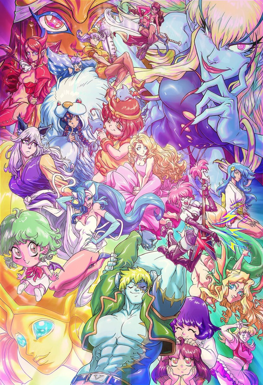6+girls, anakaris, animal_ears, arms_behind_back, arms_behind_head, arms_up, b.b._hood, bare_legs, bare_shoulders, barefoot, bishamon_(darkstalkers), blonde_hair, blue_eyes, blue_eyeshadow, blue_gloves, blue_hair, blue_skin, bracelet, braid, breasts, brown_hair, capcom, cat_ears, cat_girl, cleavage, colored_skin, crossed_legs, dark_skin, darkstalkers, dee_(darkstalkers), demitri_maximoff, demon_girl, donovan_baine, dress, elbow_gloves, embarrassed, expressionless, eyeshadow, felicia_(darkstalkers), female_focus, fingerless_gloves, floating, frown, genderswap, genderswap_(ftf), genderswap_(mtf), gloves, green_hair, guitar, hand_on_own_cheek, hand_on_own_chin, hand_on_own_face, hand_on_own_hip, hands_on_own_cheeks, hands_on_own_face, heart, heart_tail, high_heels, highres, holding, holding_guitar, holding_instrument, holding_syringe, horns, hsien-ko, huitzil_(darkstalkers), humanization, instrument, jacket, jedah_dohma, jewelry, jon_talbain, large_breasts, large_syringe, lilith_(darkstalkers), lipstick, long_hair, long_sleeves, looking_at_another, looking_at_viewer, looking_back, looking_to_the_side, lord_raptor, makeup, medium_breasts, medium_hair, mei-ling_(darkstalkers), merfolk, mermaid, midnight_bliss, monster_girl, morrigan_aensland, multiple_girls, nervous, nurse, open_clothes, open_jacket, oversized_object, pantyhose, pink_hair, purple_hair, pyron, q-bee, red_hair, red_lips, rikuo_(darkstalkers), sasquatch_(darkstalkers), sebastian_von_buchwald, short_hair, short_sleeves, sitting, syringe, tail, thighs, twin_braids, twintails, victor_von_gerdenheim, werewolf, white_hair, wings, wolf_ears, yellow_eyes, yellow_skin, zombie