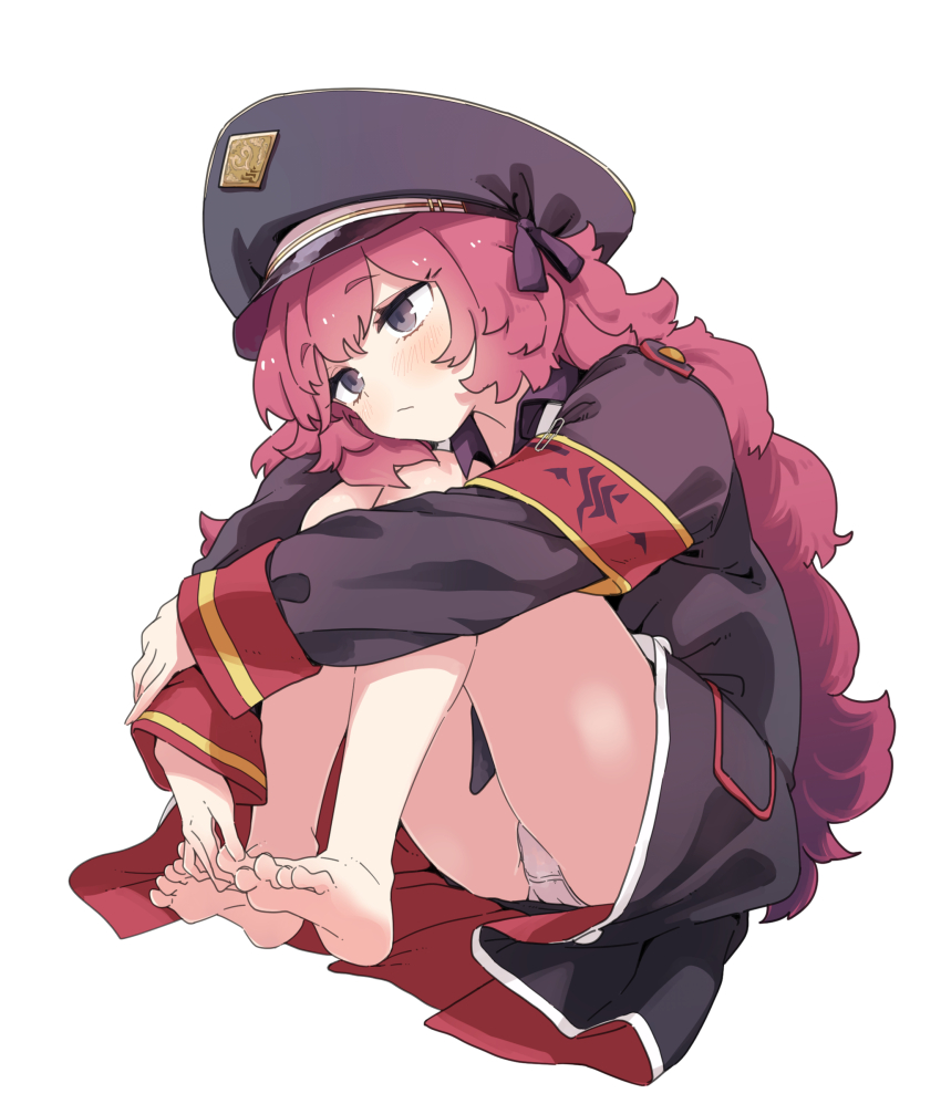 1girl, armband, barefoot, blue_archive, blush, coat, expressionless, full_body, grey_eyes, hat, highres, iroha_(blue_archive), knees_to_chest, long_hair, looking_to_the_side, panties, pantyshot, peaked_cap, red_armband, red_hair, solo, toes, underwear, waira, white_panties