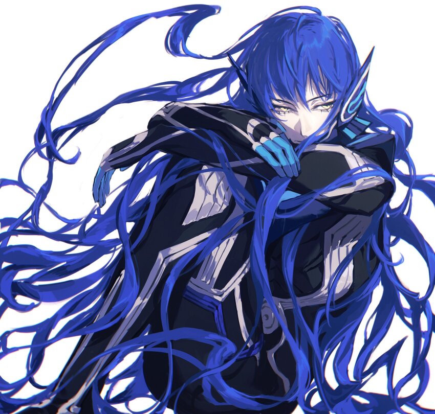 1boy, absurdly_long_hair, androgynous, arms_on_knees, black_bodysuit, blue_hair, bodysuit, closed_mouth