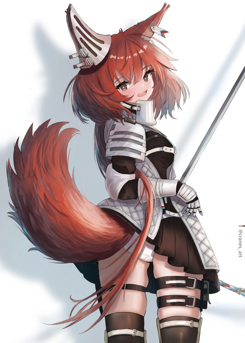 1girl, absurdres, animal_ears, arknights, arm_armor, armor, belt, black_shirt, black_skirt, blush, breasts, brown_eyes, clothes_lift, cowboy_shot, cranes_(hiroro1), ear_armor, flametail_(arknights), from_behind, gauntlets, hair_between_eyes, highres, holding, holding_sword, holding_weapon, lifted_by_tail, long_hair, looking_at_viewer, looking_back, medium_breasts, open_mouth, panties, pleated_skirt, red_hair, shirt, shoulder_armor, simple_background, skirt, skirt_lift, solo, squirrel_ears, squirrel_girl, squirrel_tail, sword, tail, teeth, thigh_belt, thigh_strap, thighs, twitter_username, underwear, upper_teeth_only, weapon, white_background, white_panties