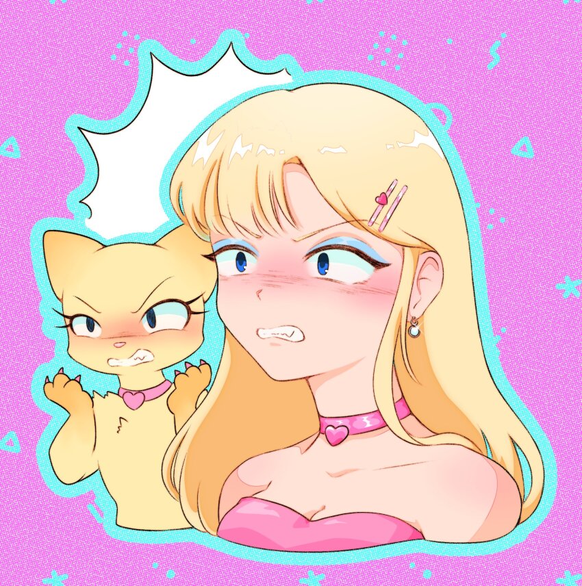 2girls, angry, animal_ears, blonde_hair, blue_eyes, blue_eyeshadow, blue_outline, blush