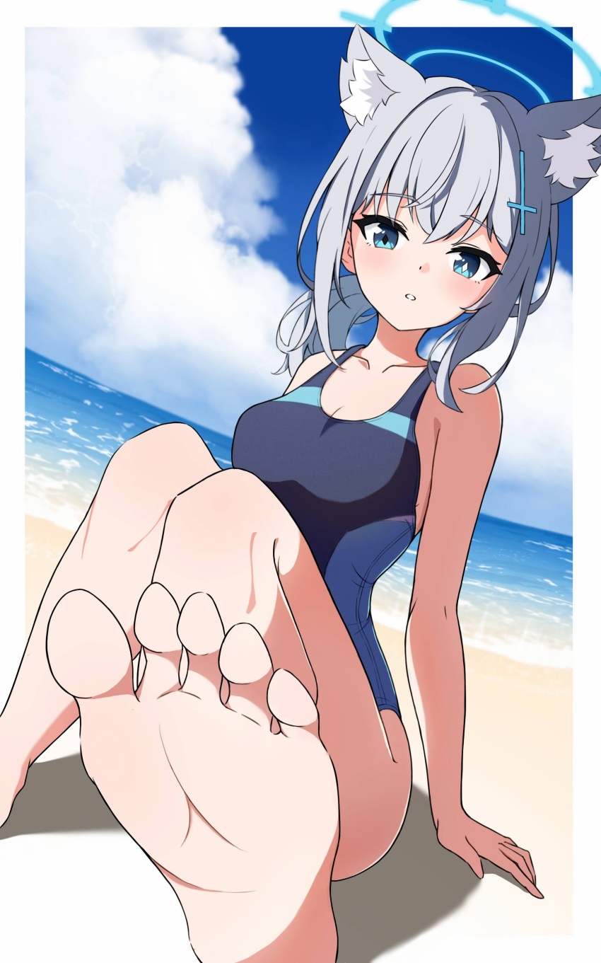 1girl, absurdres, animal_ear_fluff, animal_ears, arm_at_side, bare_shoulders, barefoot, beach