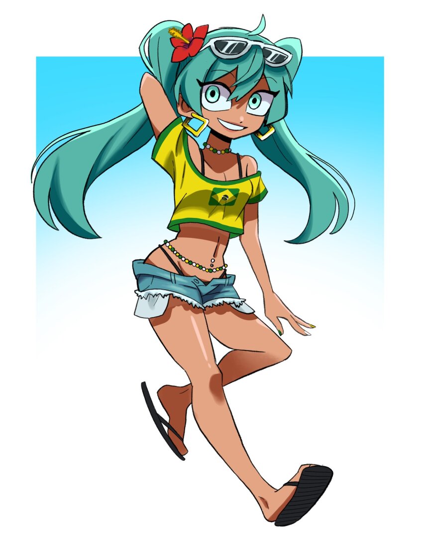 bead_choker, beads, blue_eyes, blue_hair, border, borrowed_design, brazilian_flag, brazilian_flag_print