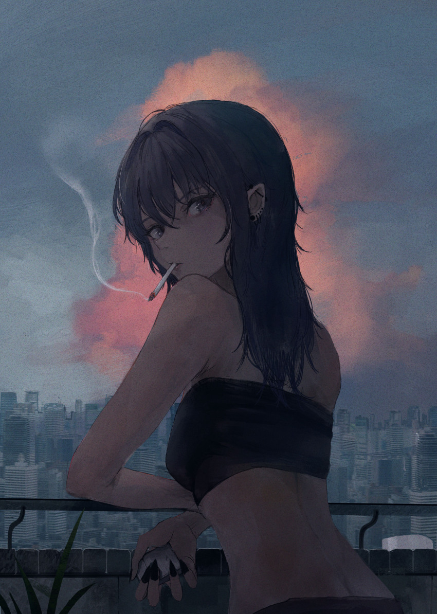 1girl, absurdres, back, bandeau, barbell_piercing, black_bandeau, black_eyes, black_hair