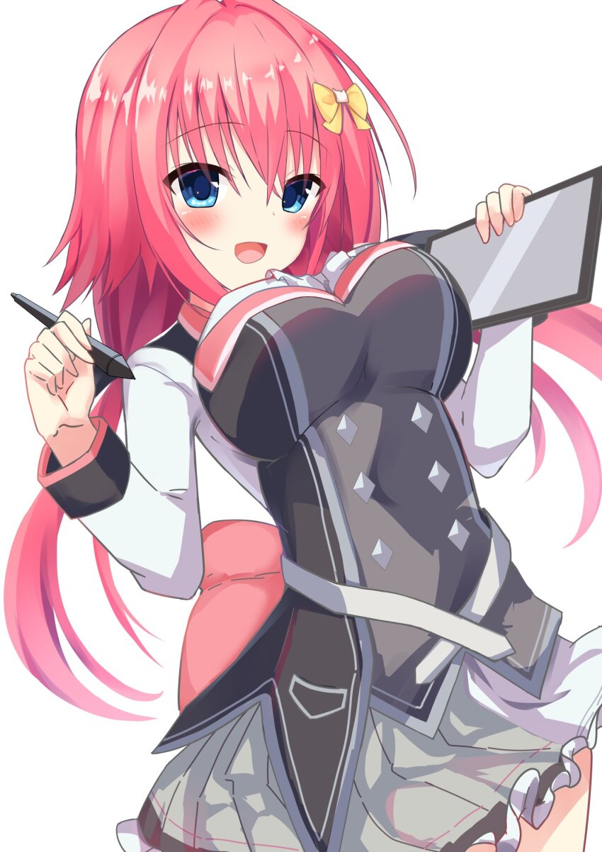 1girl, :d, bad_id, bad_twitter_id, blue_eyes, blush, bow, breasts