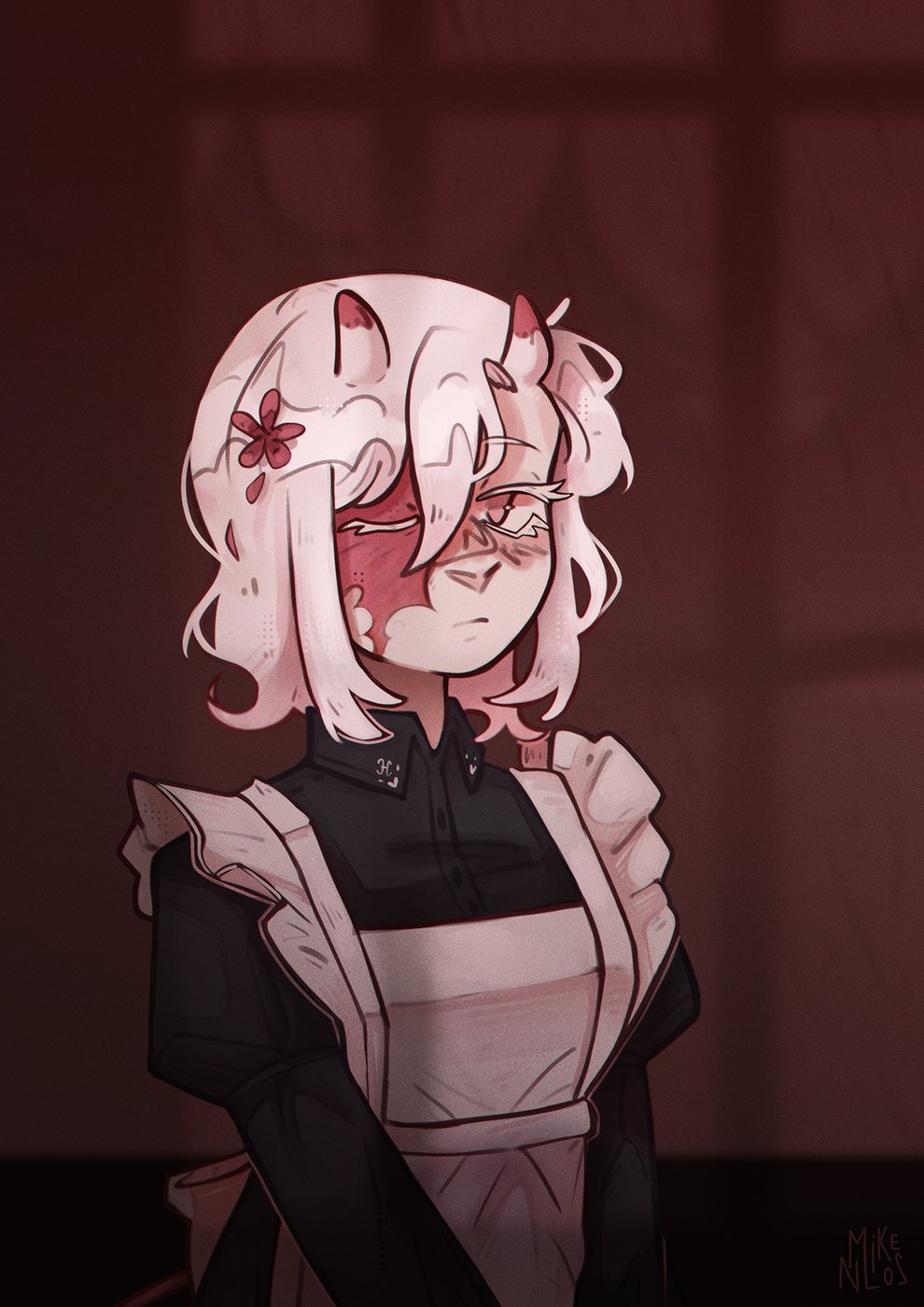 1girl, apron, black_dress, blurry, blurry_background, bow, burn_scar, colored_skin