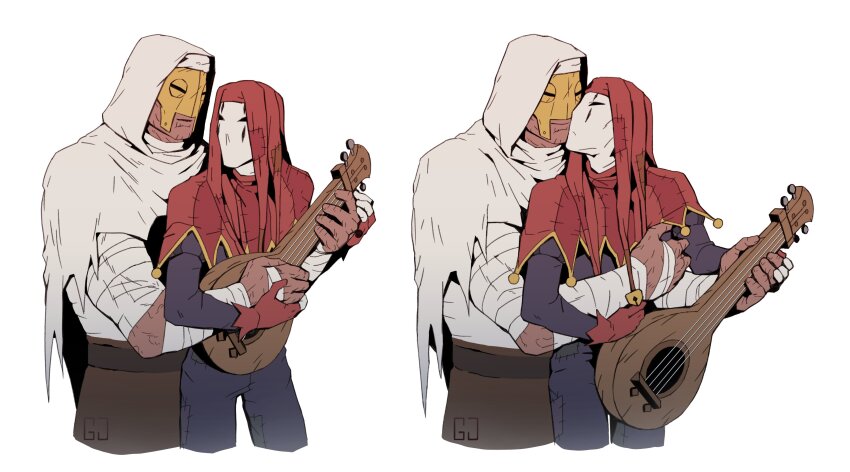 2boys, absurdres, arms_up, bandaged_arm, bandaged_chest, bandages, black_eyes, blue_pants