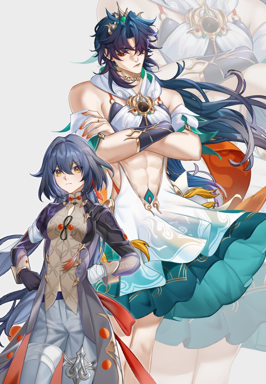 1boy, 1girl, abs, absurdres, bandaged_hand, bandages, bandages_over_clothes, bare_shoulders