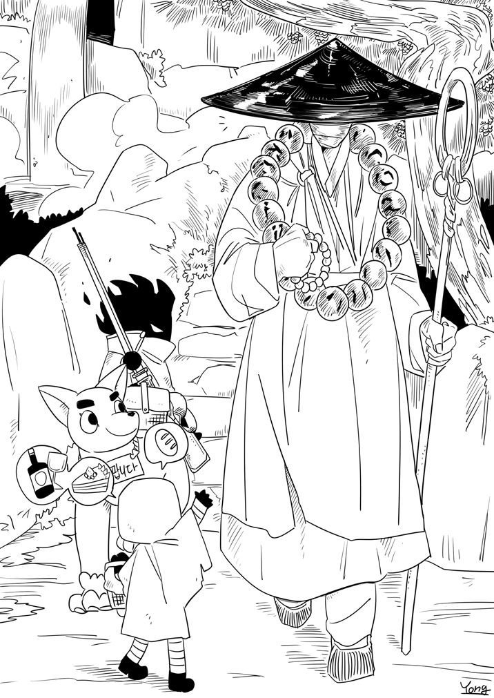 1girl, 2boys, bead_necklace, beads, big_and_will_be_bad_wolf, cape, clouded_monk, der_freischuetz_(project_moon)