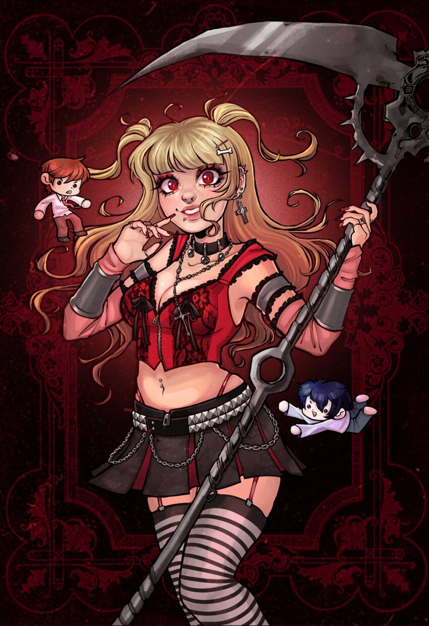 1girl, 2boys, amane_misa, arm_warmers, black_choker, black_hair, black_skirt, black_thighhighs