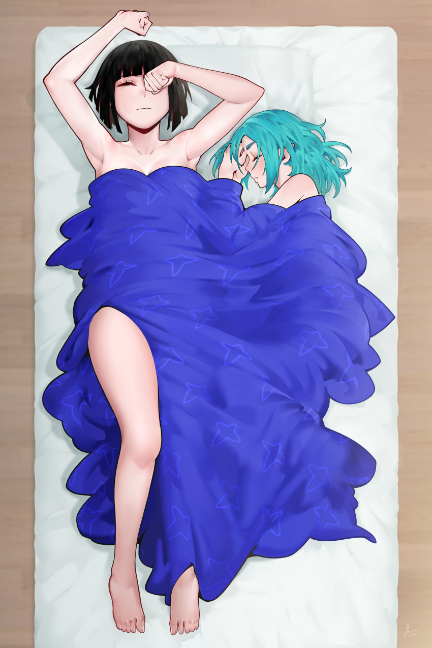 2girls, absurdres, aqua_hair, armpits, arms_up, artist_name, bare_shoulders, barefoot, black_hair, blanket, blunt_bangs, blunt_ends, bob_cut, breasts, cleavage, clenched_hands, closed_mouth, collarbone, commentary, commission, completely_nude, english_commentary, eyelashes, from_above, full_body, futon, hair_undone, hands_up, height_difference, highres, implied_yuri, inverted_bob, kagenui_yozuru, knee_up, lying, medium_breasts, medium_hair, messy_hair, monogatari_(series), multicolored_hair, multiple_girls, nude, on_back, on_bed, on_floor, on_side, ononoki_yotsugi, own_hands_together, parted_lips, piancaesar, pillow, pointy_ears, red_hair, rubbing_eyes, short_hair, side-by-side, signature, sleeping, streaked_hair, thick_eyebrows, toes, under_covers, waking_up