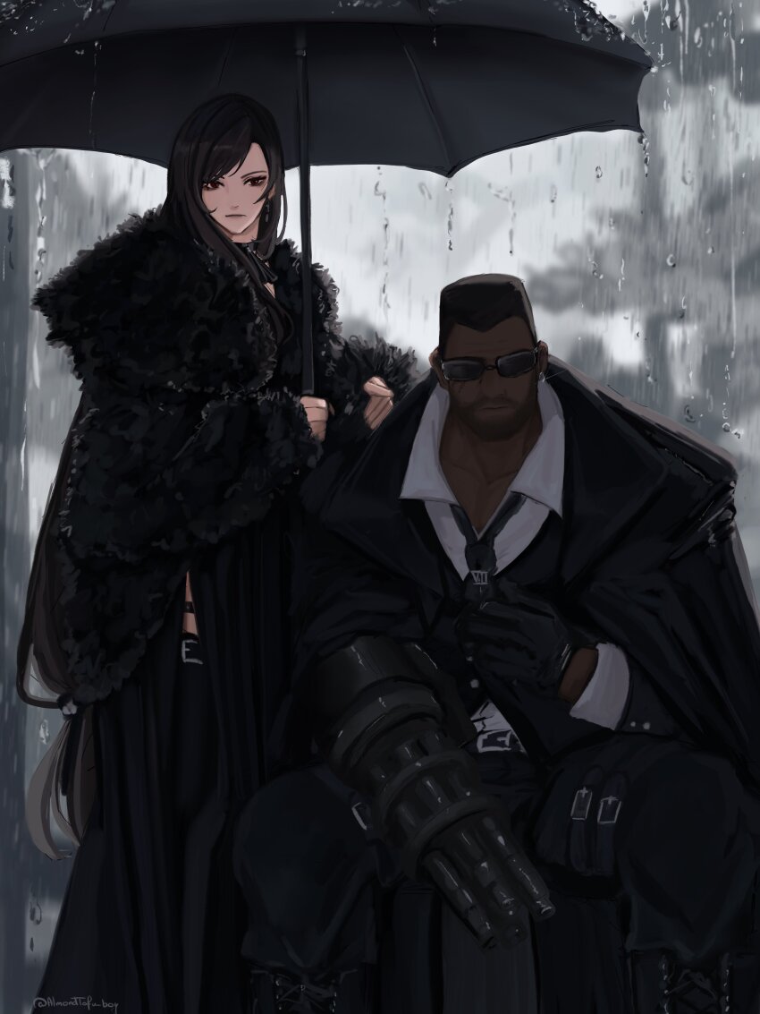 1boy, 1girl, absurdres, almondtofu_boy, arm_cannon, barret_wallace, beard, black_coat